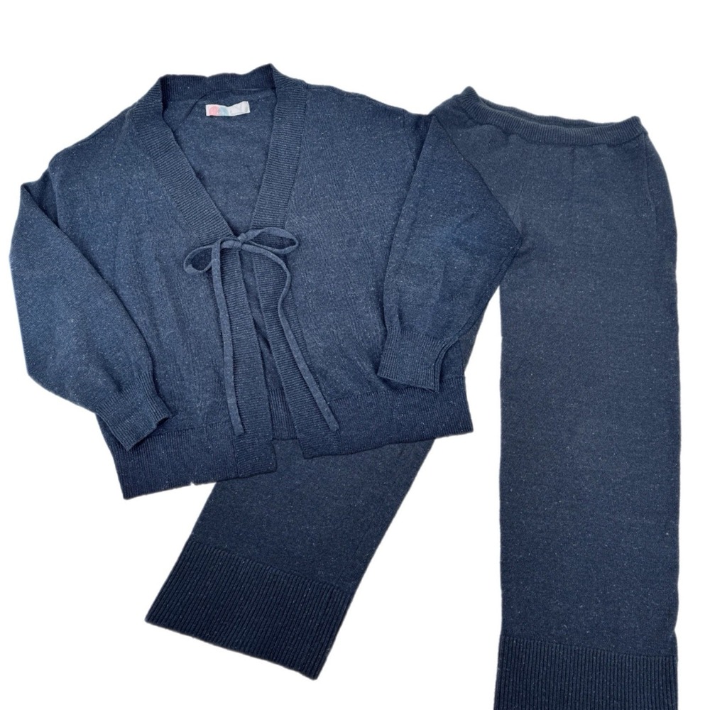 Free People Beach Knit Lounge Set S Cozy Tie Cardigan Sweater Wide Leg Navy Blue